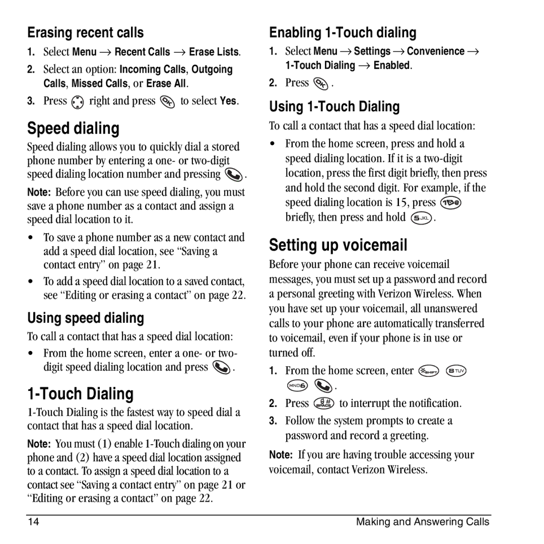 Kyocera KX444 manual Speed dialing, Touch Dialing, Setting up voicemail 