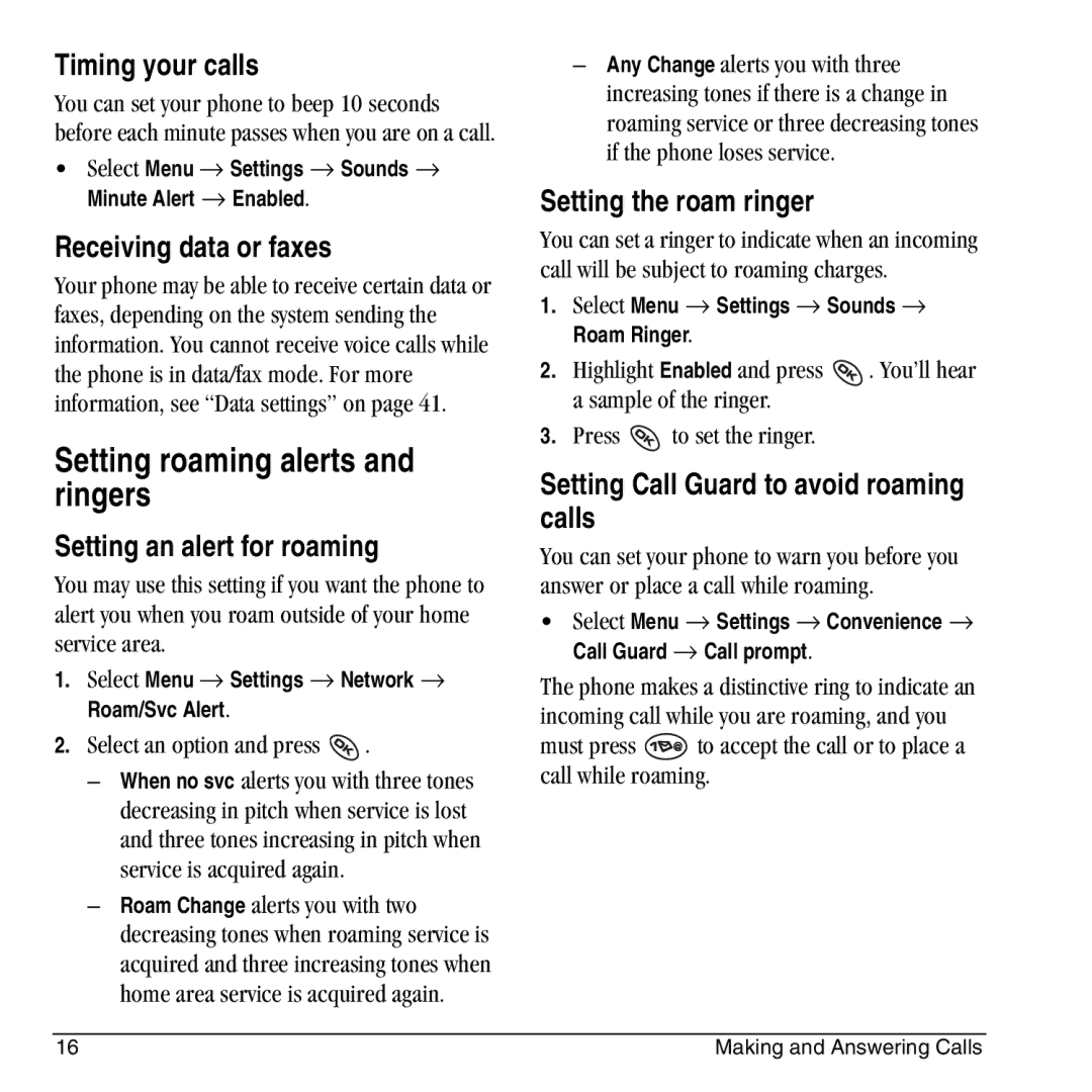 Kyocera KX444 manual Setting roaming alerts and ringers 