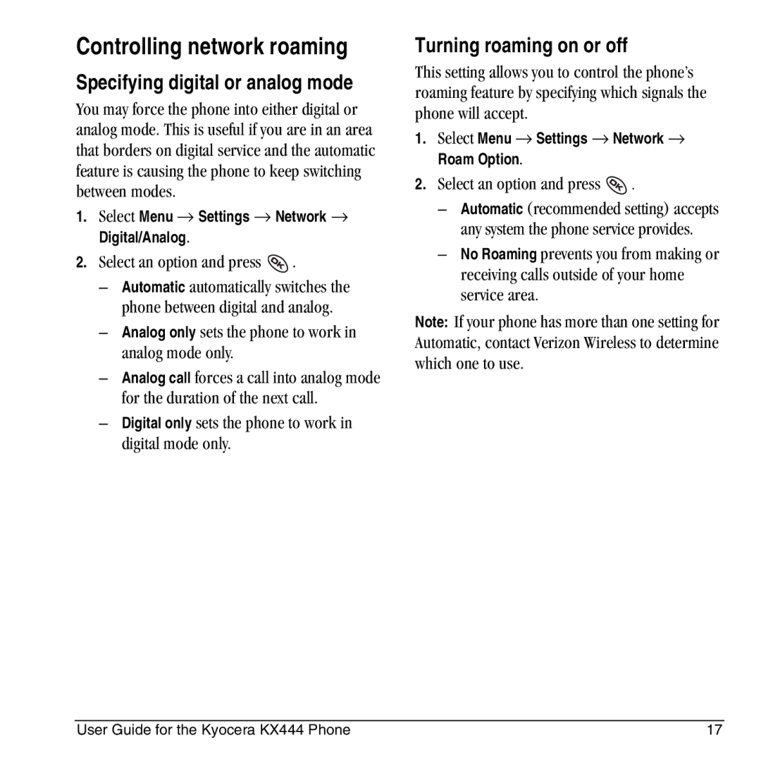 Kyocera KX444 manual Controlling network roaming, Turning roaming on or off, Specifying digital or analog mode 