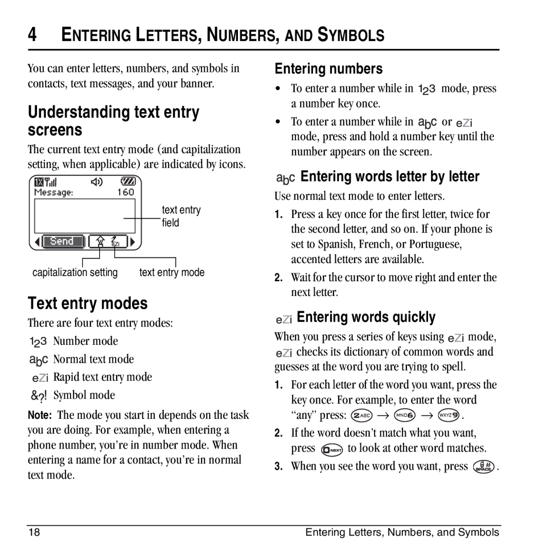 Kyocera KX444 manual Understanding text entry screens, Text entry modes, Entering LETTERS, NUMBERS, and Symbols 