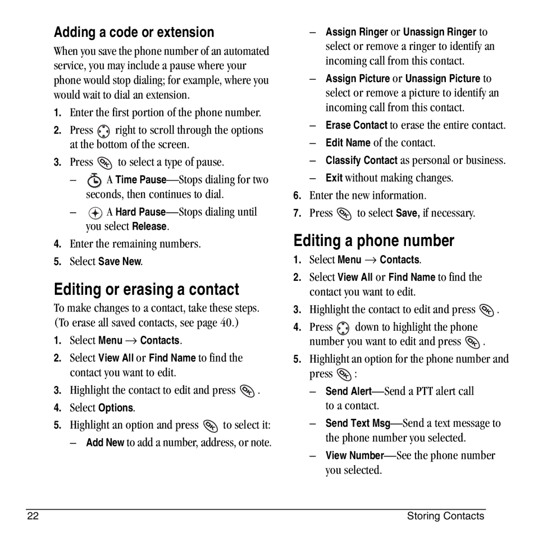 Kyocera KX444 manual Editing or erasing a contact, Editing a phone number, Adding a code or extension 