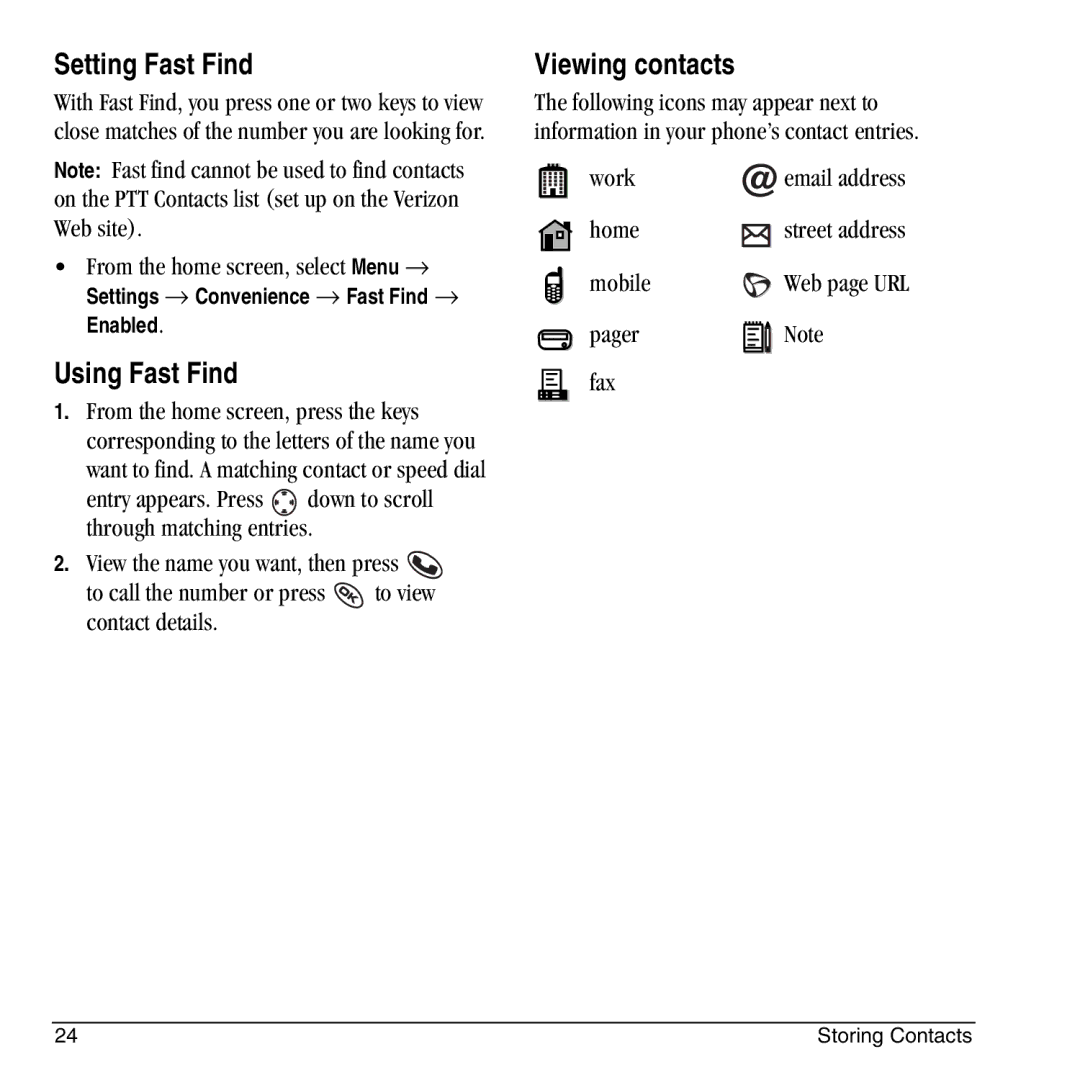 Kyocera KX444 manual Setting Fast Find, Using Fast Find, Viewing contacts 