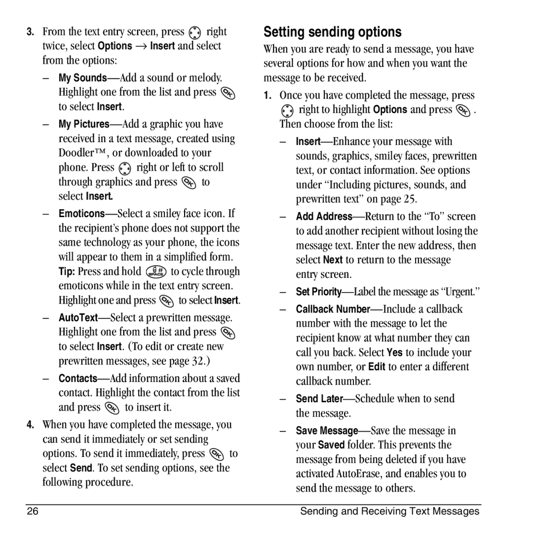 Kyocera KX444 manual Setting sending options, AutoText-Select a prewritten message, Press to insert it 