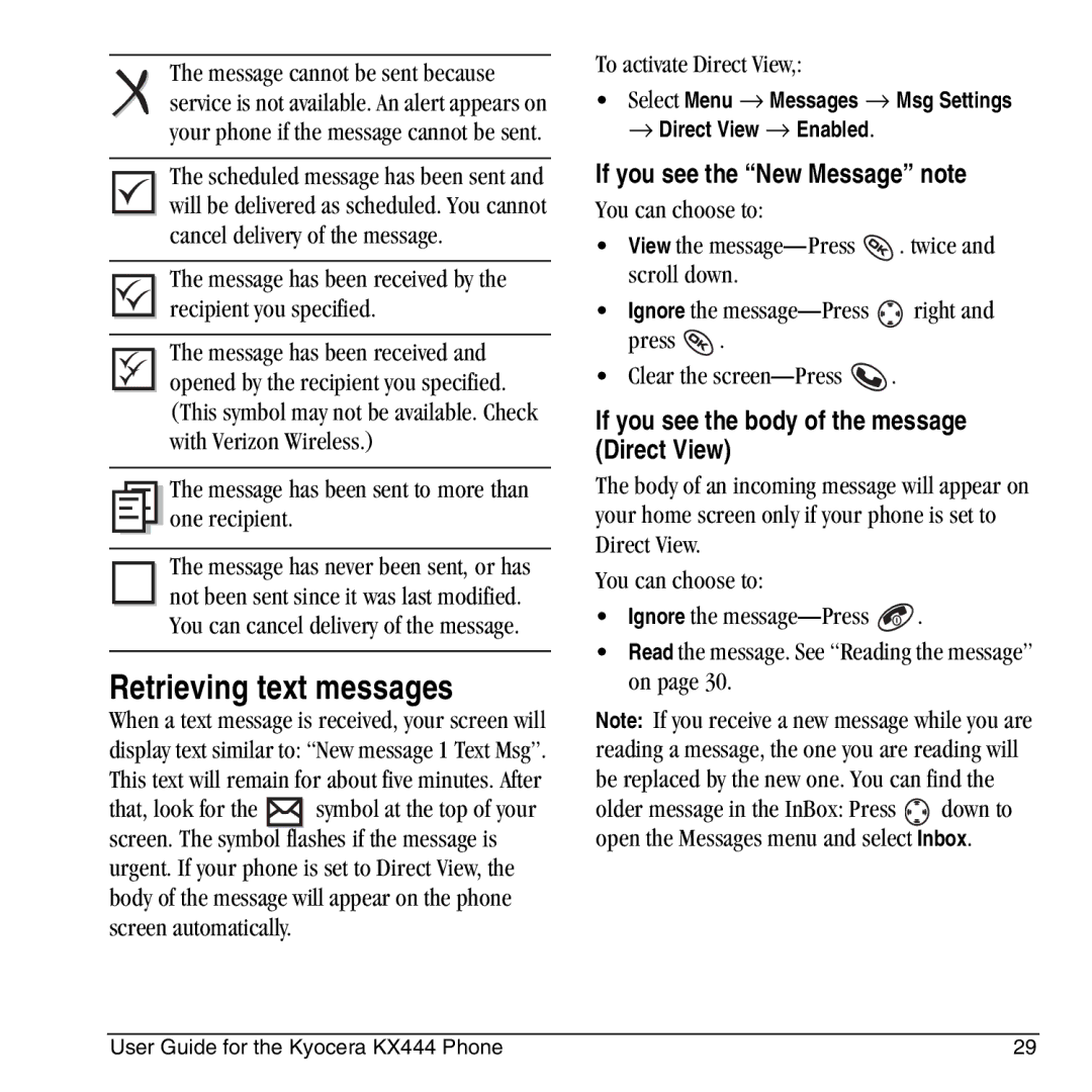 Kyocera KX444 Retrieving text messages, If you see the New Message note, If you see the body of the message Direct View 