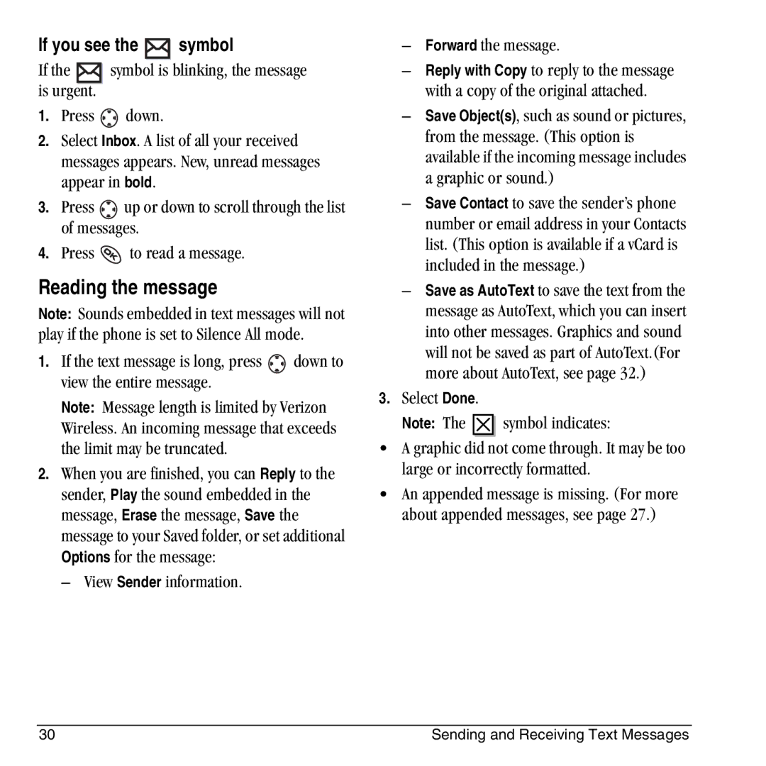 Kyocera KX444 manual Reading the message, If you see the symbol, View Sender information Forward the message 