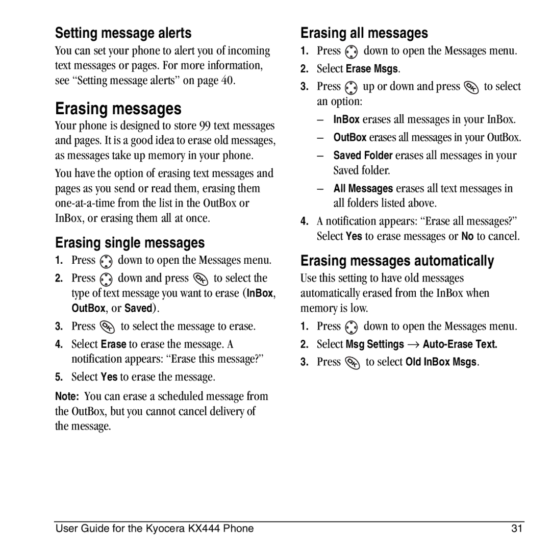 Kyocera KX444 manual Erasing messages, Setting message alerts, Erasing single messages, Erasing all messages 