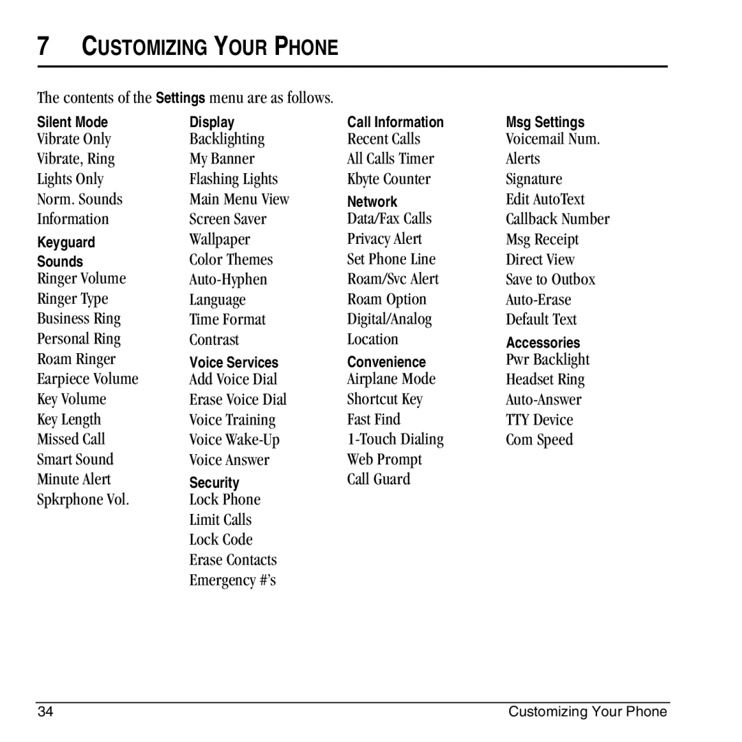 Kyocera KX444 manual Customizing Your Phone, Contents of the Settings menu are as follows, Lock Phone Limit Calls 