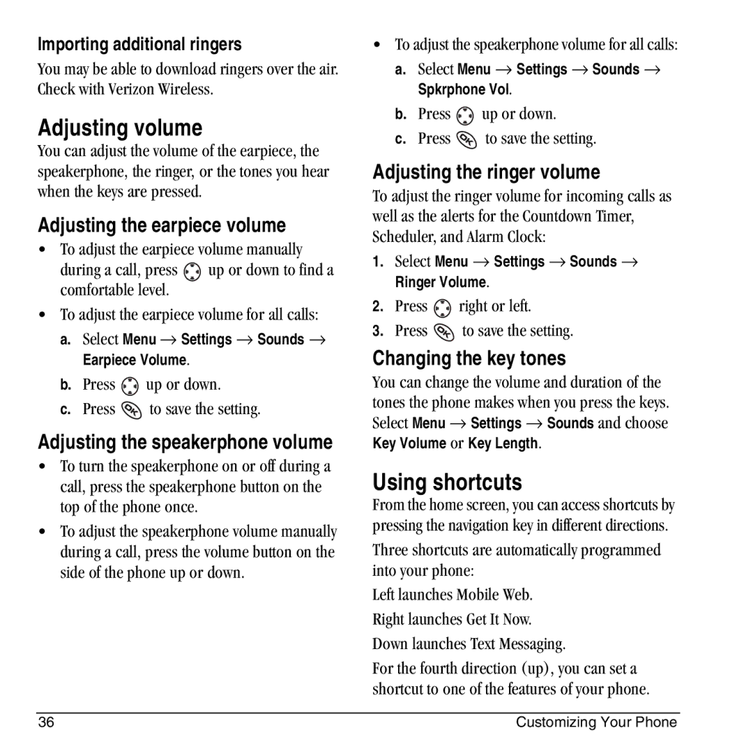 Kyocera KX444 manual Adjusting volume, Using shortcuts, Adjusting the earpiece volume, Adjusting the ringer volume 