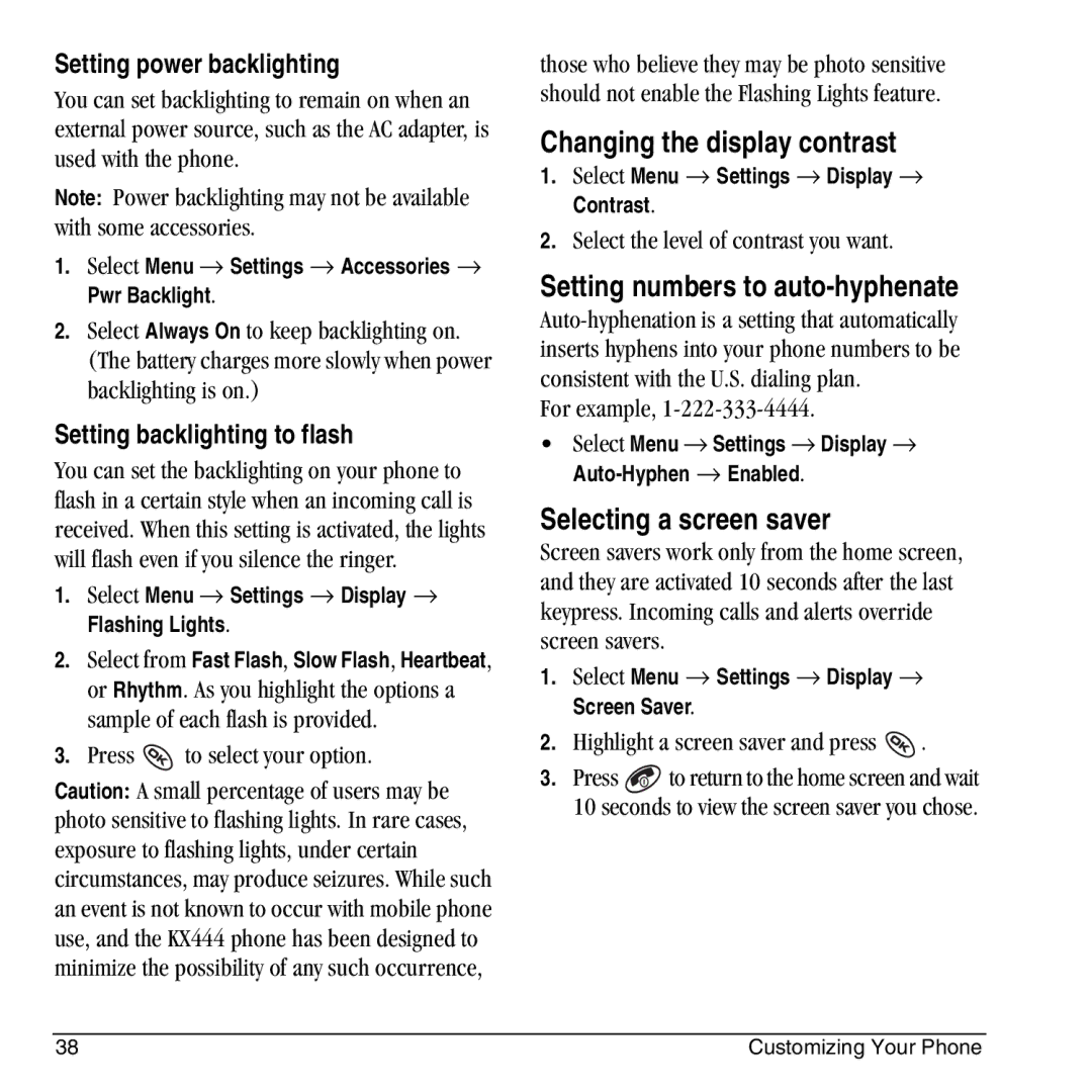 Kyocera KX444 manual Changing the display contrast, Setting numbers to auto-hyphenate, Selecting a screen saver 