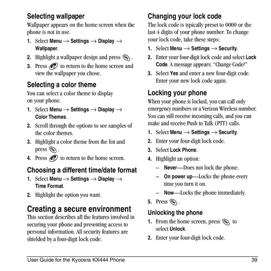 Kyocera KX444 manual Selecting wallpaper, Selecting a color theme, Creating a secure environment, Changing your lock code 