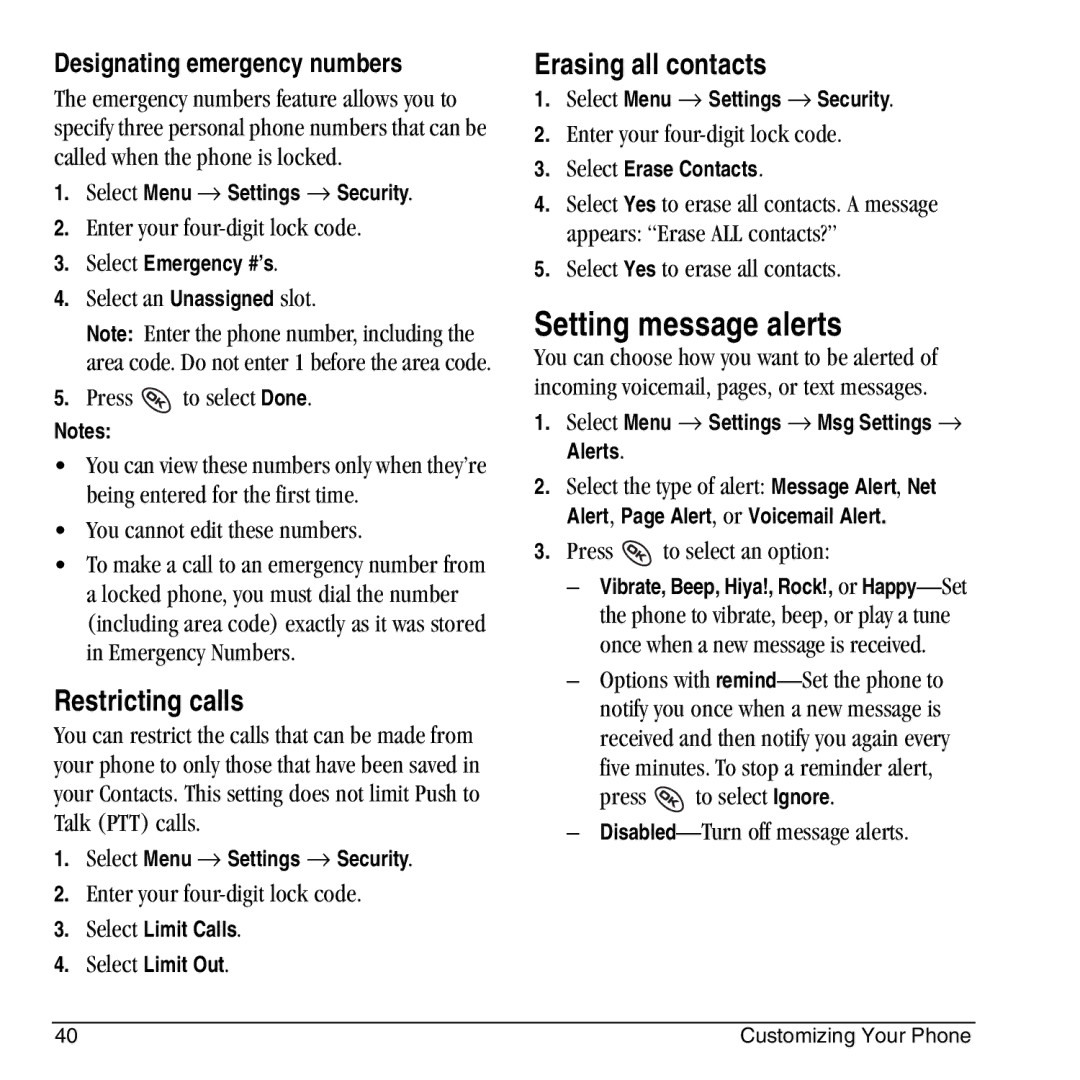 Kyocera KX444 manual Setting message alerts, Restricting calls, Erasing all contacts, Designating emergency numbers 