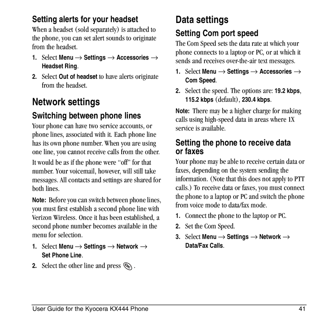 Kyocera KX444 manual Network settings, Data settings 