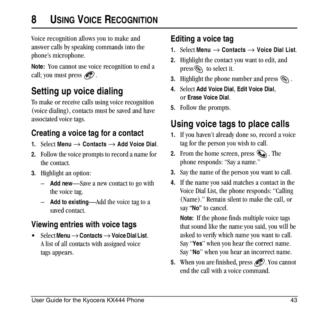 Kyocera KX444 manual Setting up voice dialing, Using voice tags to place calls, Using Voice Recognition 