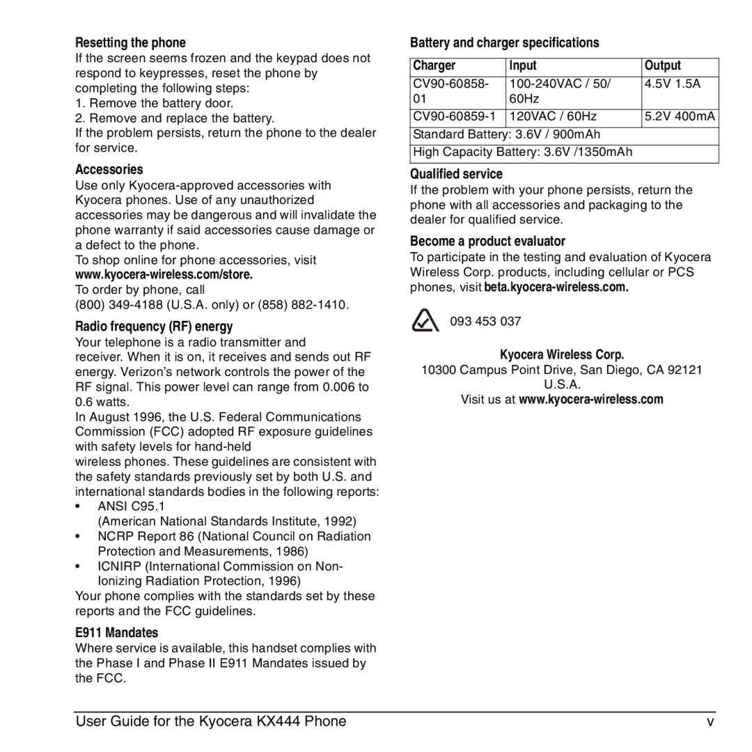 Kyocera KX444 manual Kyocera Wireless Corp 