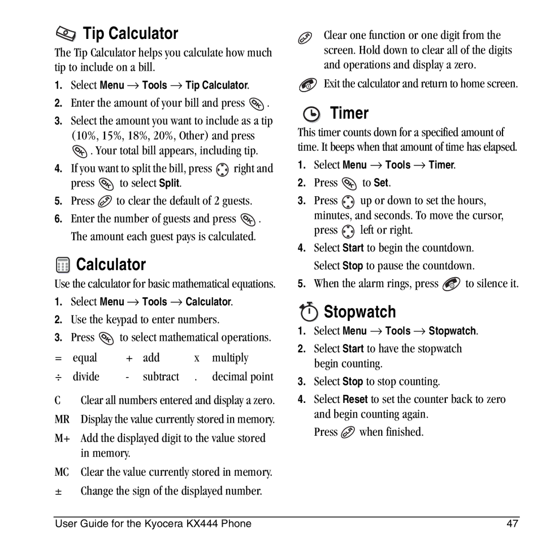 Kyocera KX444 manual Tip Calculator, Timer, Stopwatch 