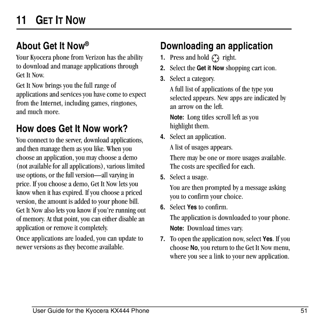 Kyocera KX444 manual About Get It Now, How does Get It Now work?, Downloading an application 