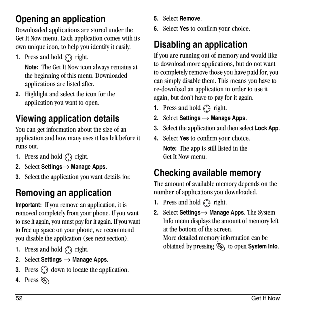 Kyocera KX444 manual Opening an application, Viewing application details, Removing an application, Disabling an application 