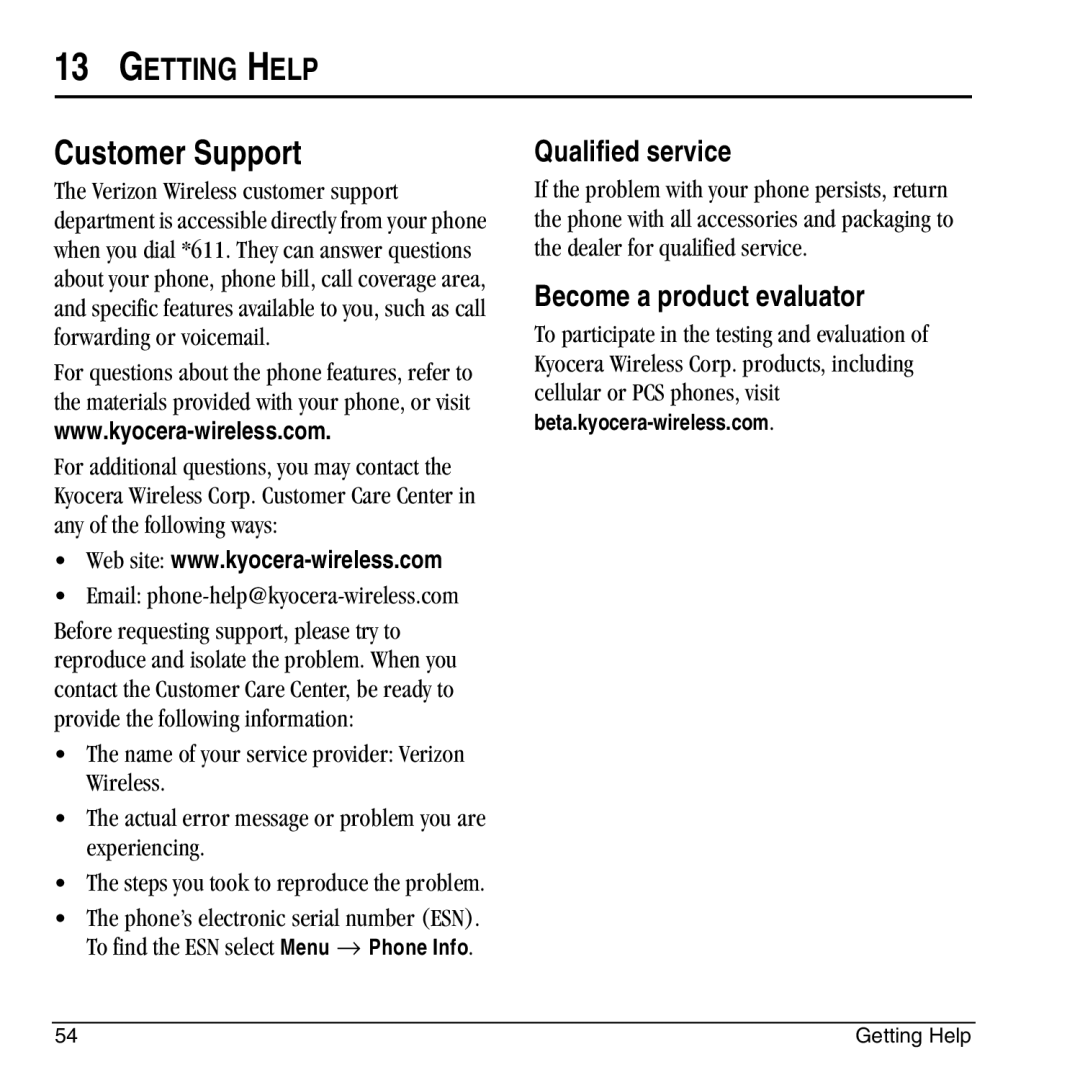 Kyocera KX444 manual Customer Support, Getting Help, Qualified service, Become a product evaluator 