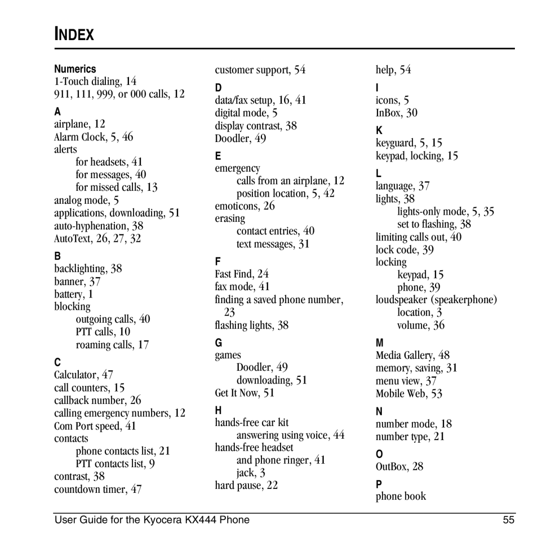 Kyocera KX444 manual Index 