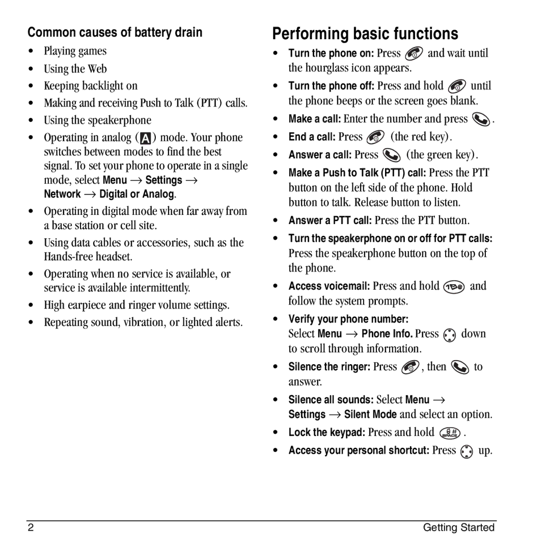 Kyocera KX444 manual Performing basic functions, Common causes of battery drain 