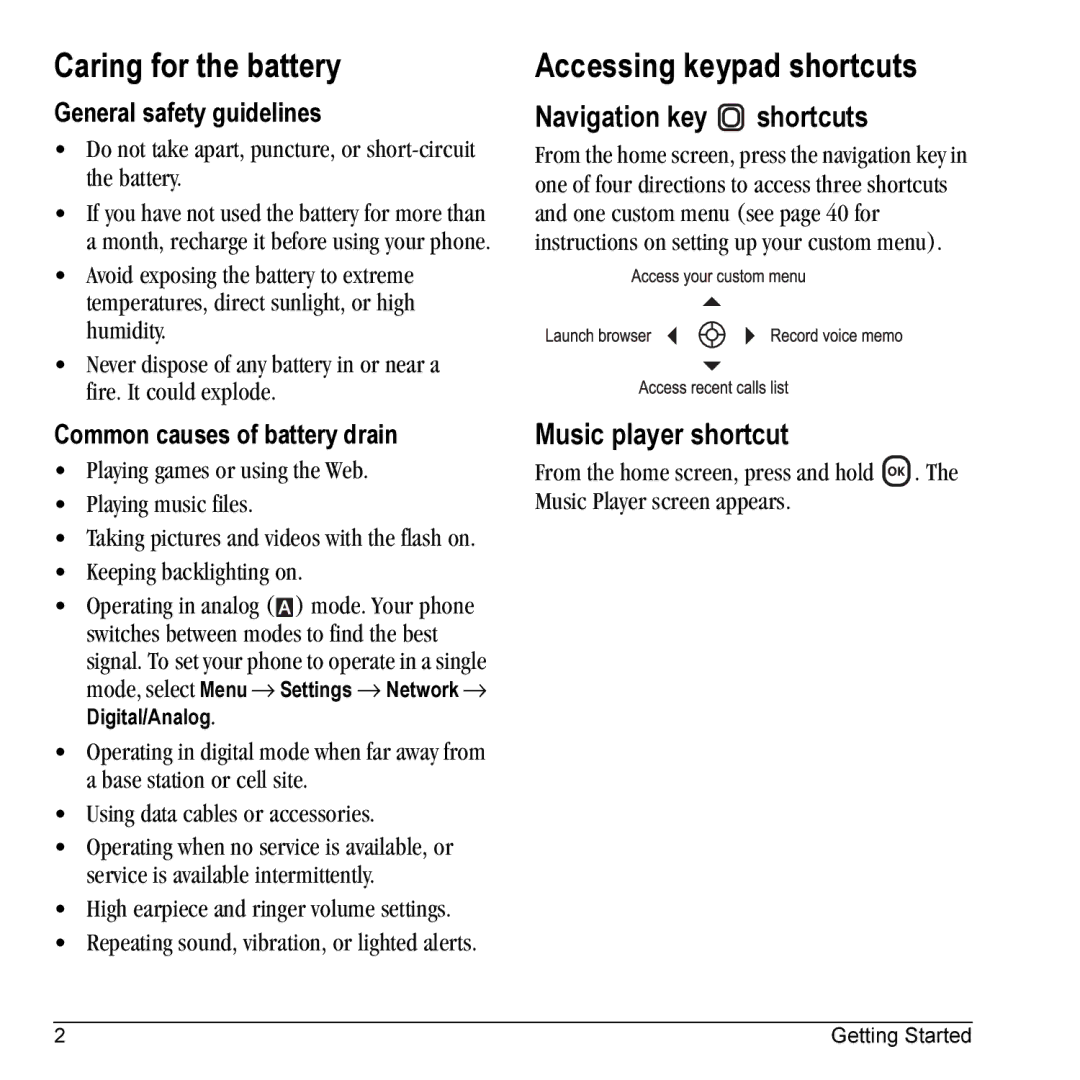 Kyocera KX5 manual Caring for the battery, Accessing keypad shortcuts, Navigation key shortcuts, Music player shortcut 