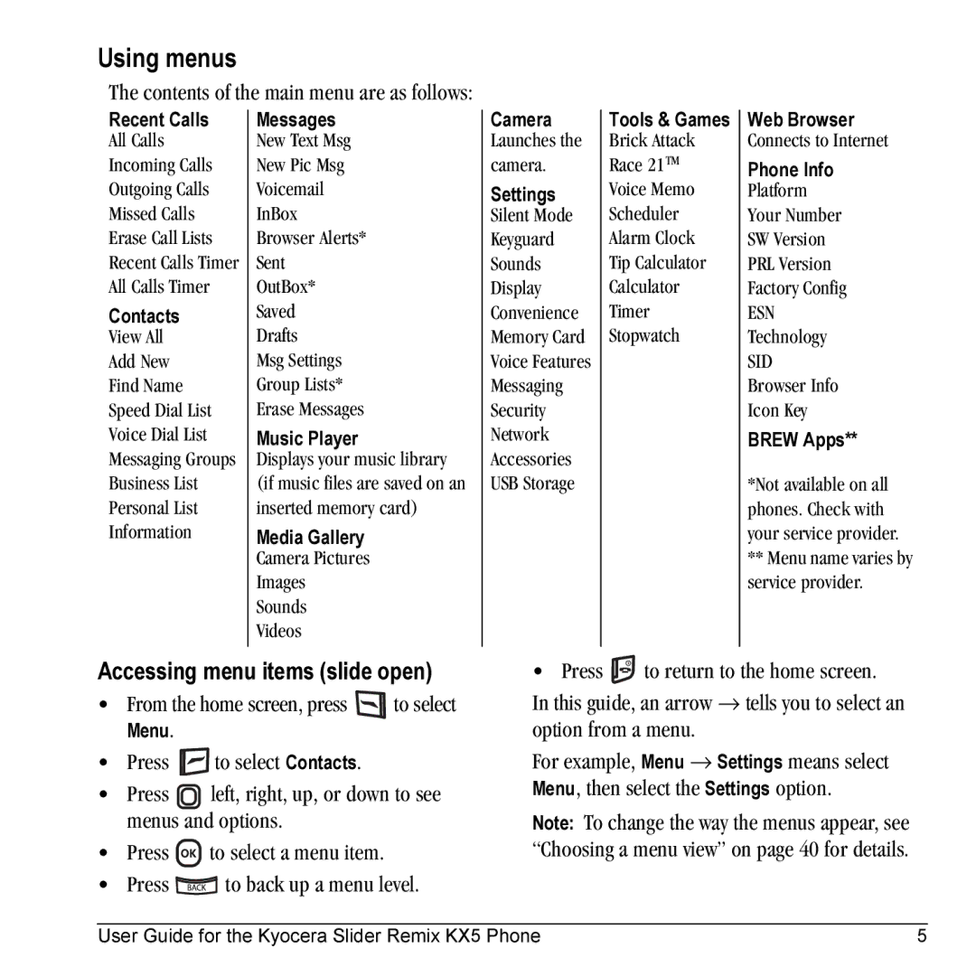 Kyocera KX5 manual Using menus, Accessing menu items slide open, Contents of the main menu are as follows 