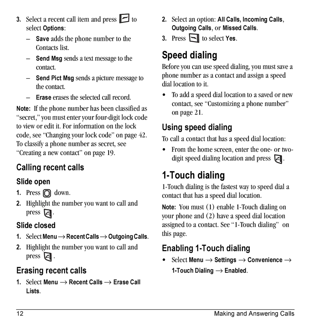 Kyocera KX5 manual Speed dialing, Touch dialing 