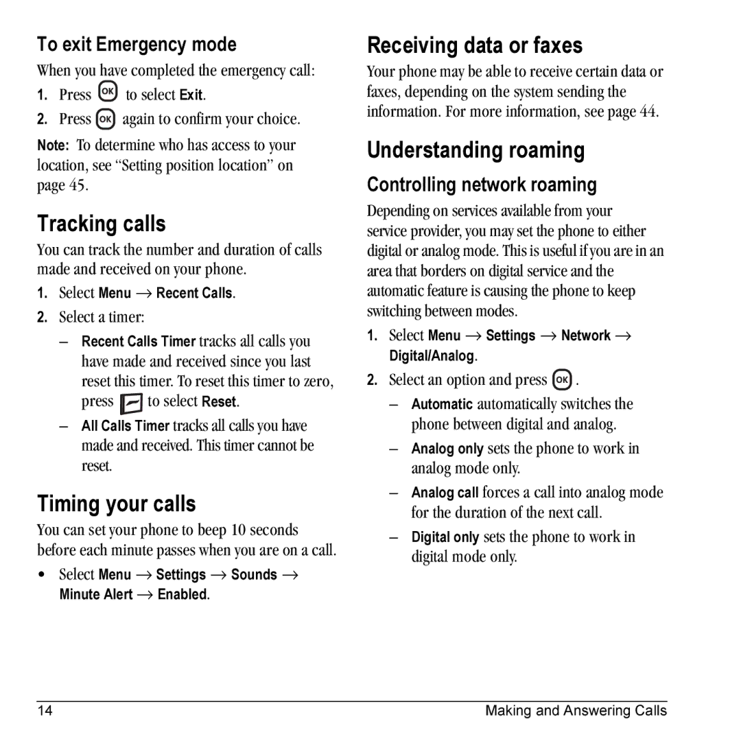 Kyocera KX5 manual Tracking calls, Timing your calls, Receiving data or faxes, Understanding roaming 