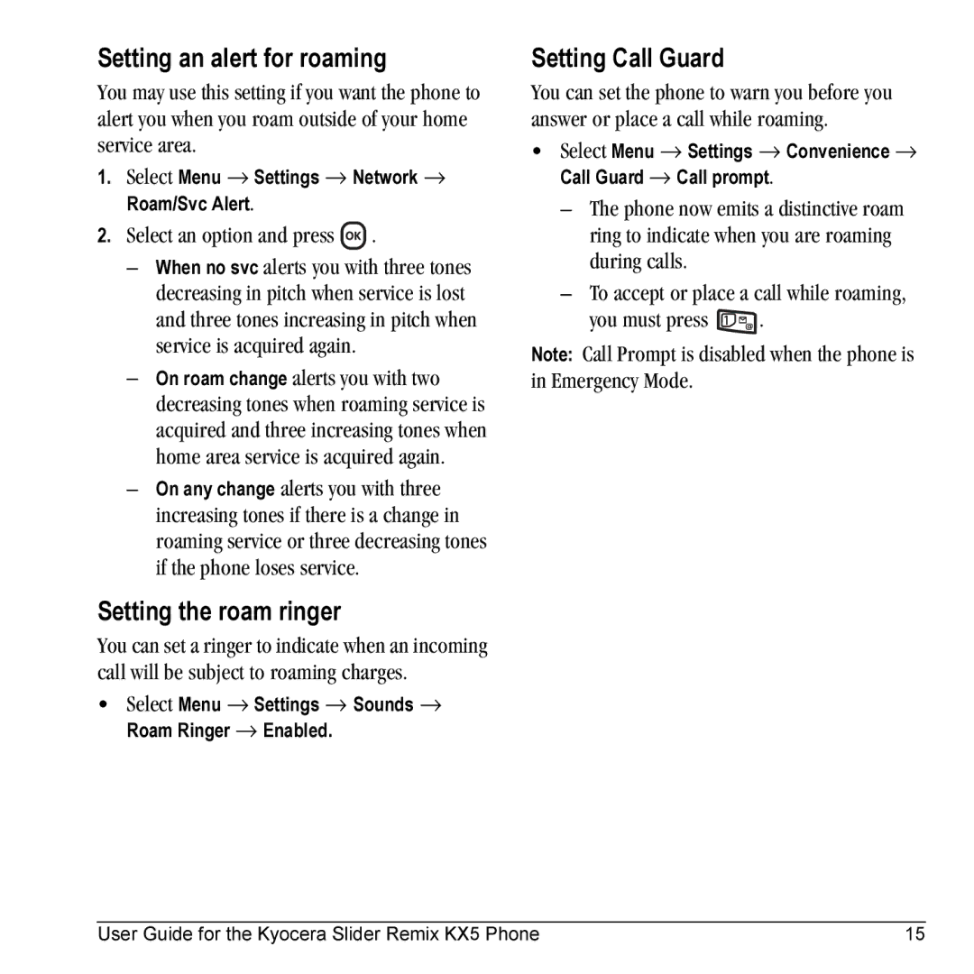 Kyocera KX5 manual Setting an alert for roaming, Setting the roam ringer, Setting Call Guard 