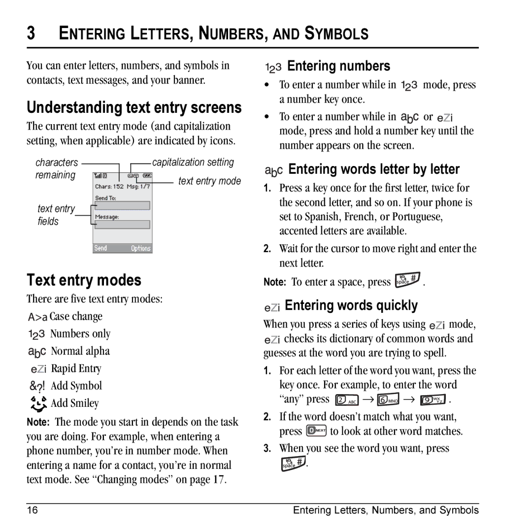 Kyocera KX5 manual Understanding text entry screens, Text entry modes, Entering LETTERS, NUMBERS, and Symbols 