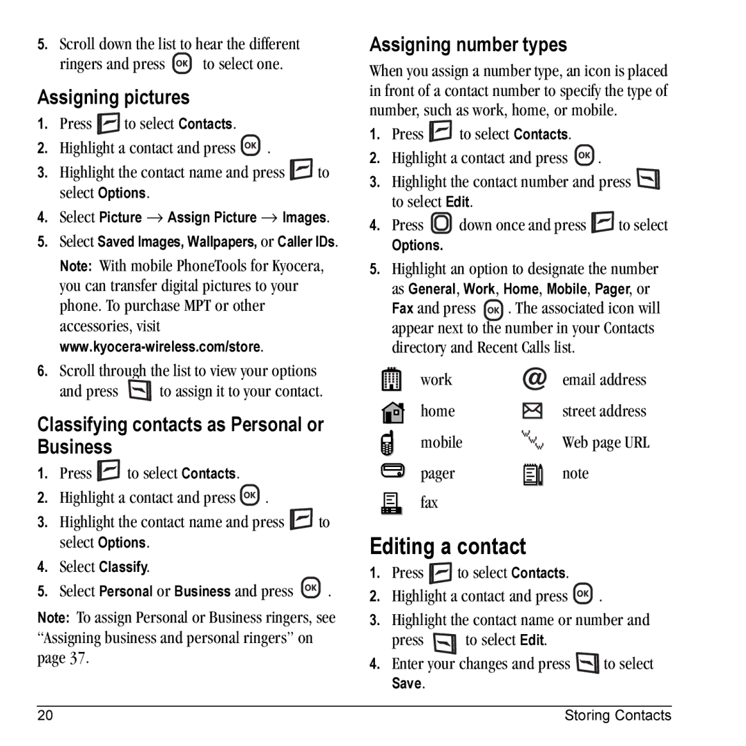 Kyocera KX5 Editing a contact, Assigning pictures, Classifying contacts as Personal or Business, Assigning number types 