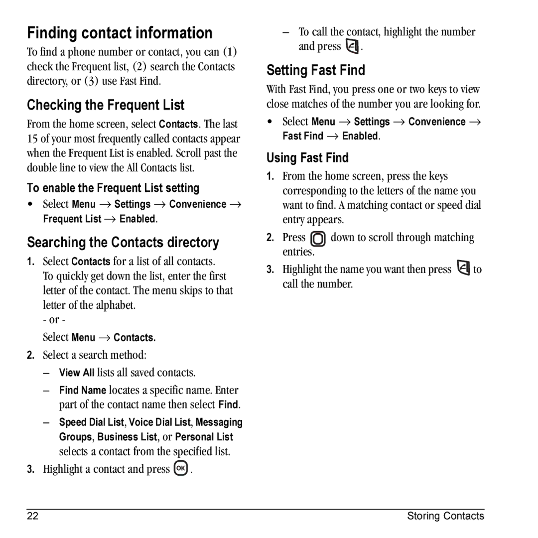 Kyocera KX5 Finding contact information, Checking the Frequent List, Searching the Contacts directory, Setting Fast Find 