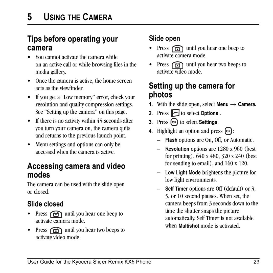 Kyocera KX5 manual Tips before operating your camera, Accessing camera and video modes, Setting up the camera for photos 