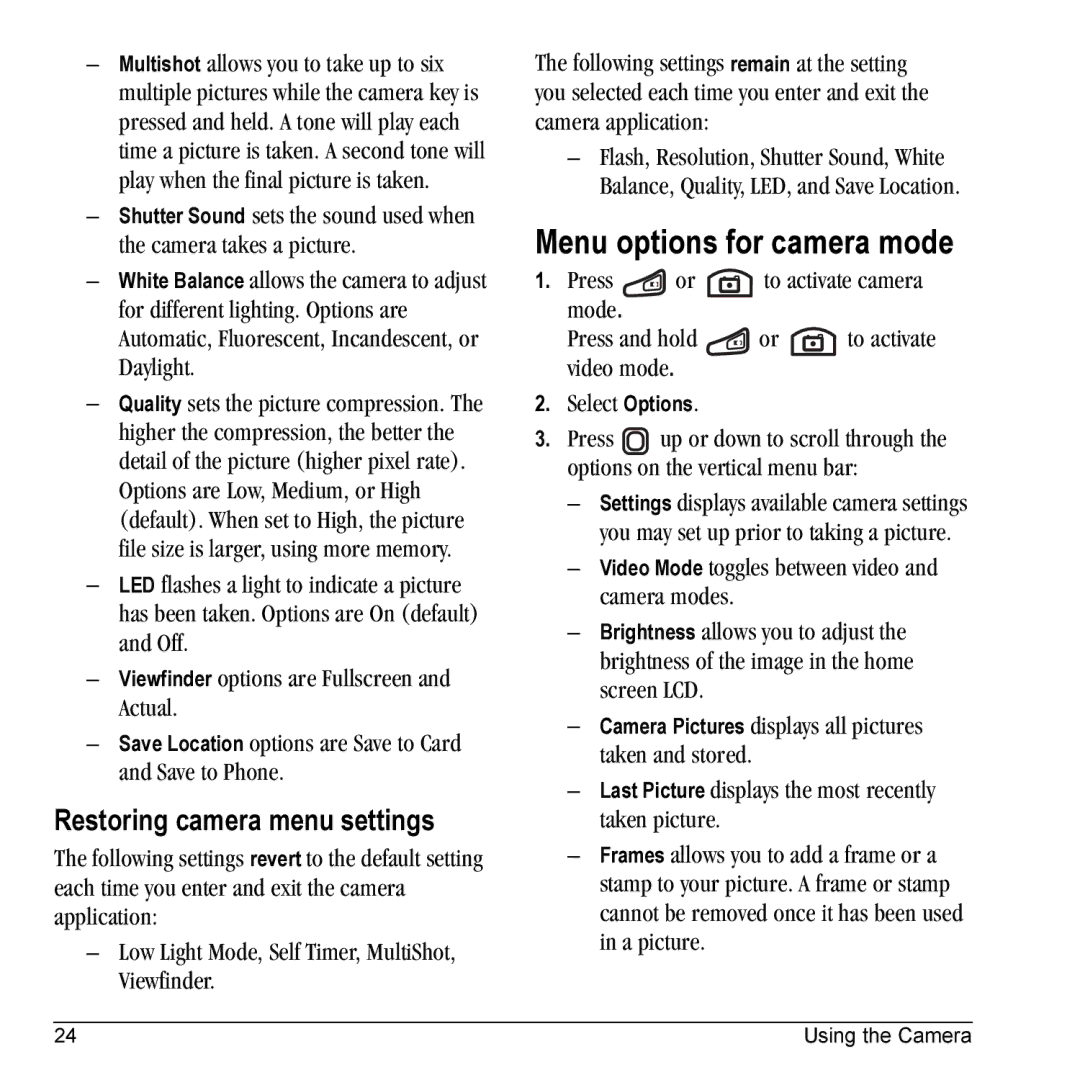 Kyocera KX5 manual Menu options for camera mode, Restoring camera menu settings 