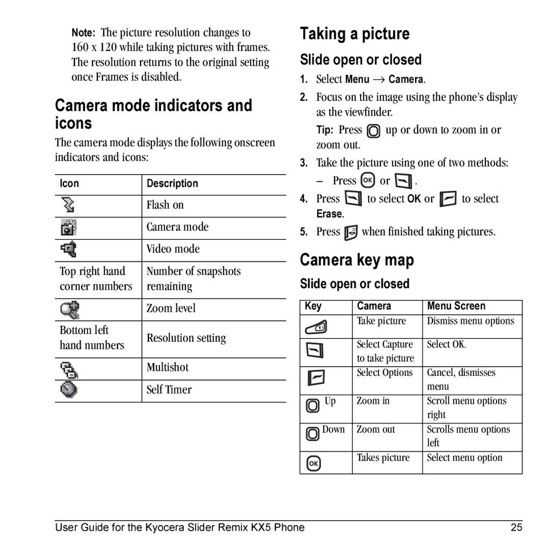 Kyocera KX5 manual Camera mode indicators and icons, Taking a picture, Camera key map, Slide open or closed 