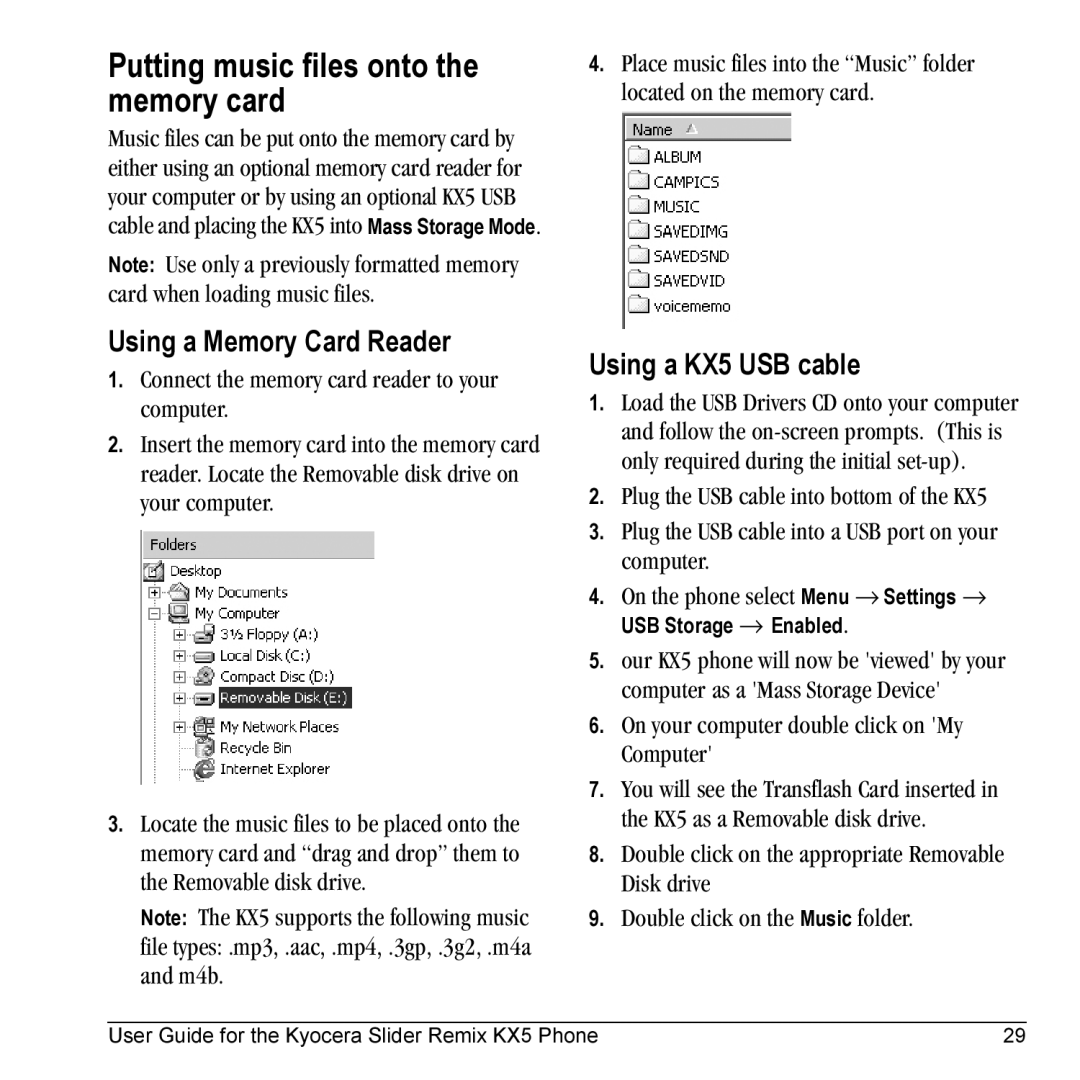 Kyocera manual Putting music files onto the memory card, Using a Memory Card Reader, Using a KX5 USB cable 