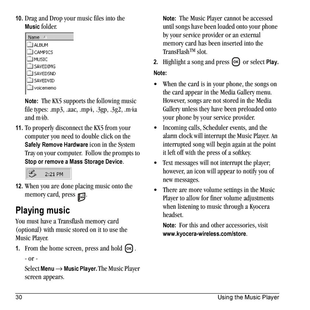 Kyocera KX5 manual Playing music, Drag and Drop your music files into the Music folder 