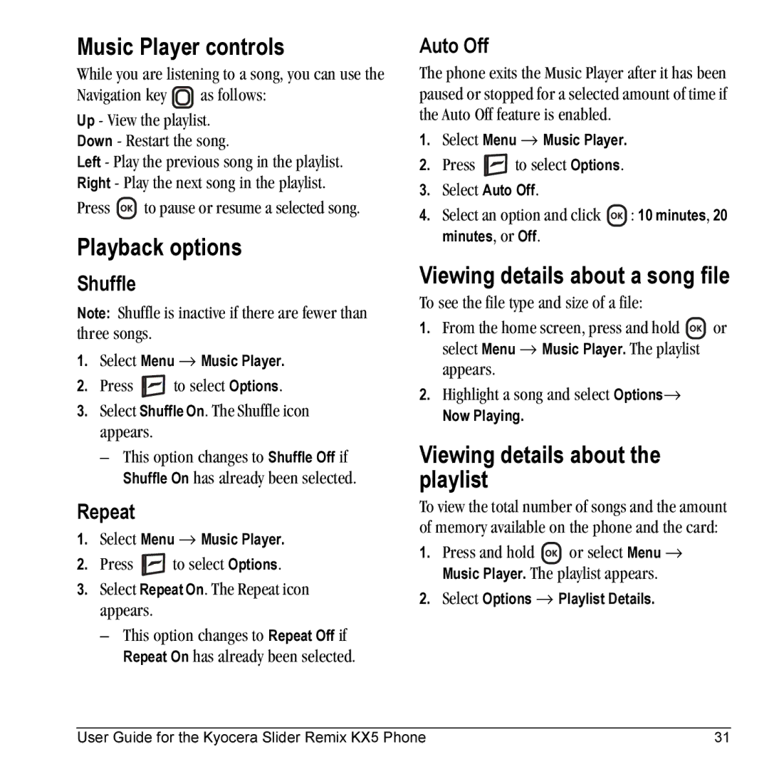 Kyocera KX5 Music Player controls, Playback options, Viewing details about a song file, Viewing details about the playlist 