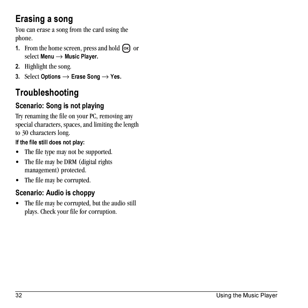 Kyocera KX5 manual Erasing a song, Troubleshooting, Scenario Song is not playing, Scenario Audio is choppy 