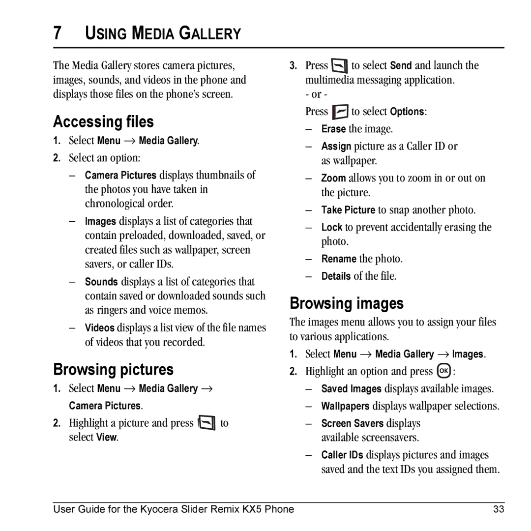 Kyocera KX5 manual Accessing files, Browsing pictures, Browsing images, Using Media Gallery 