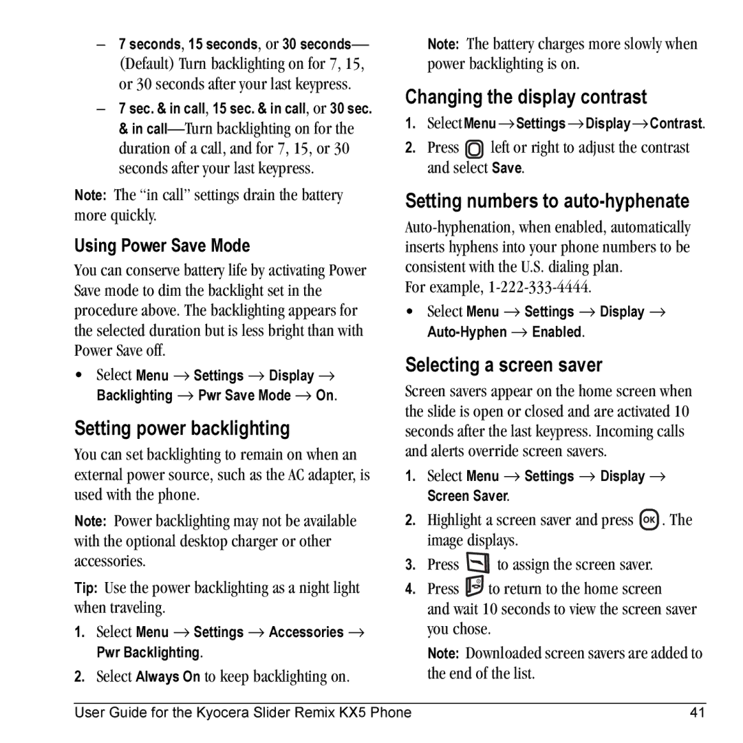 Kyocera KX5 manual Setting power backlighting, Changing the display contrast, Setting numbers to auto-hyphenate 