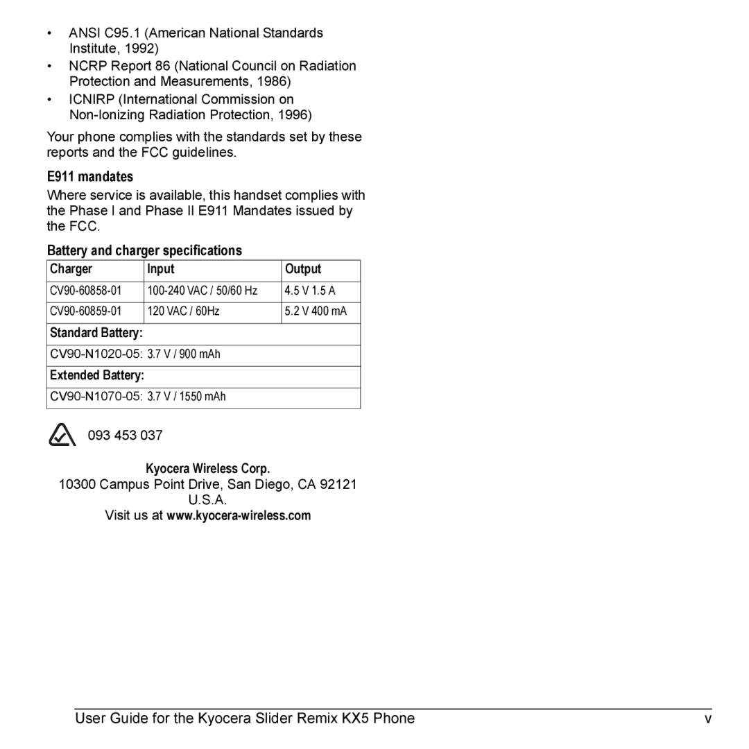 Kyocera KX5 manual Standard Battery 