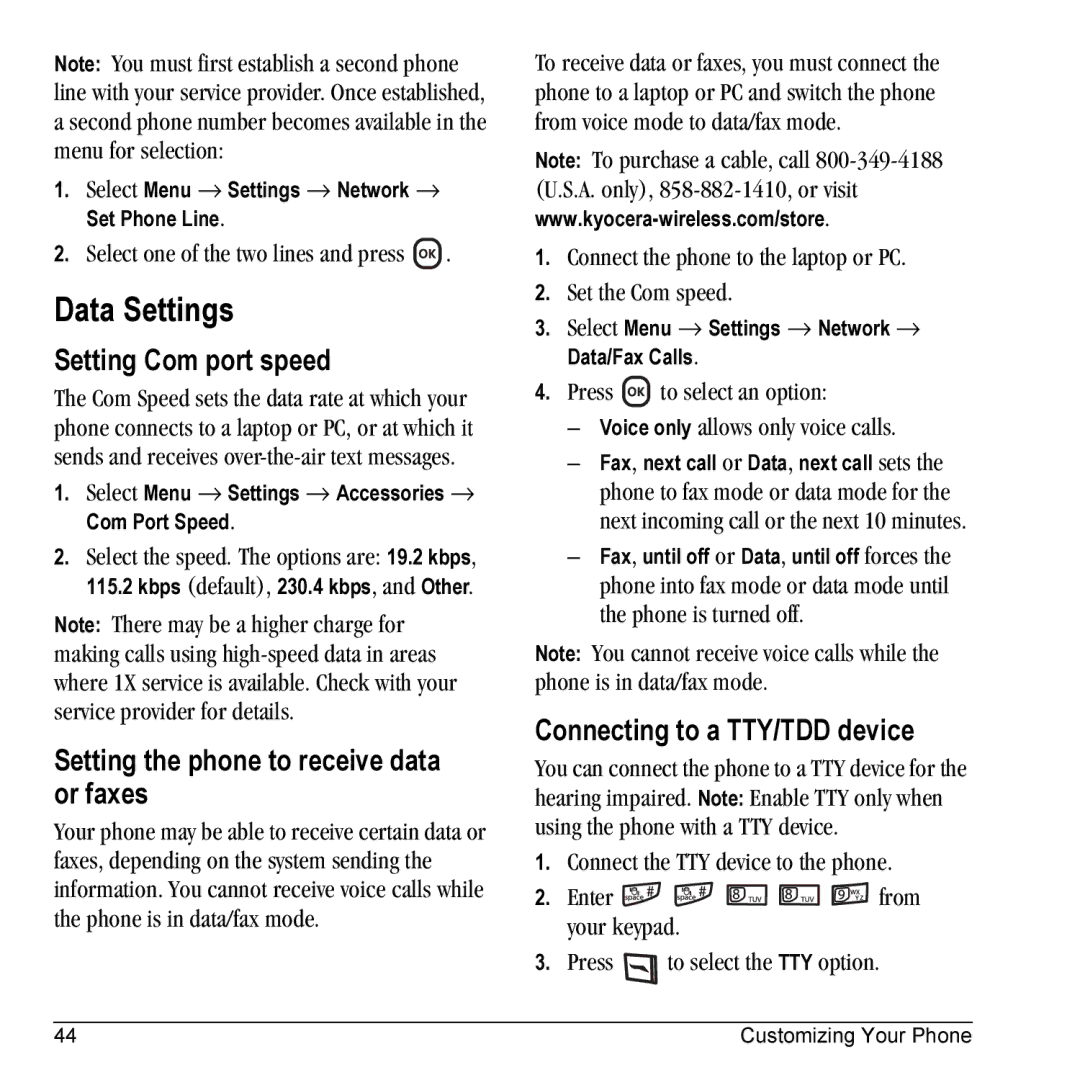 Kyocera KX5 manual Data Settings, Setting Com port speed, Setting the phone to receive data or faxes 