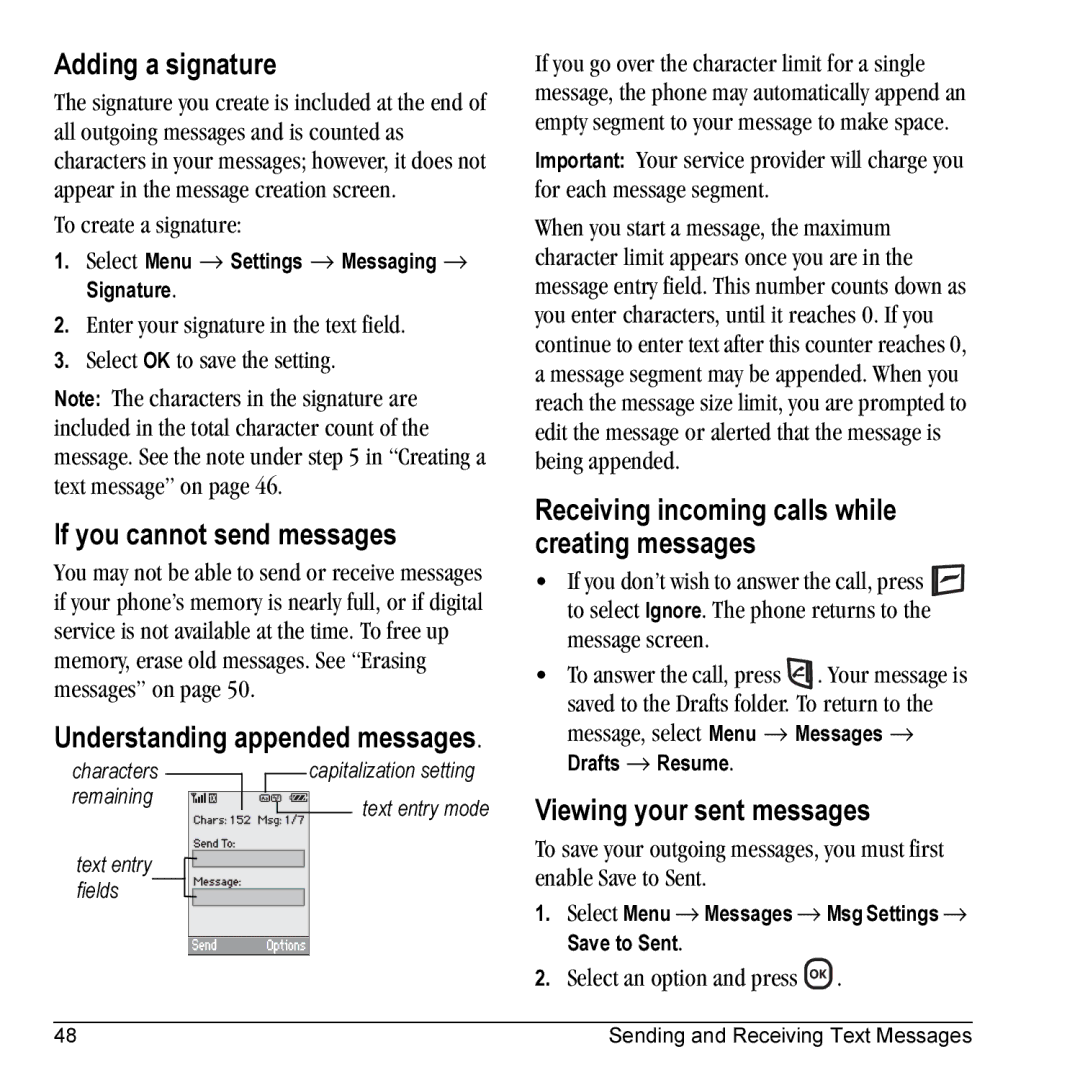 Kyocera KX5 Adding a signature, If you cannot send messages, Understanding appended messages, Viewing your sent messages 