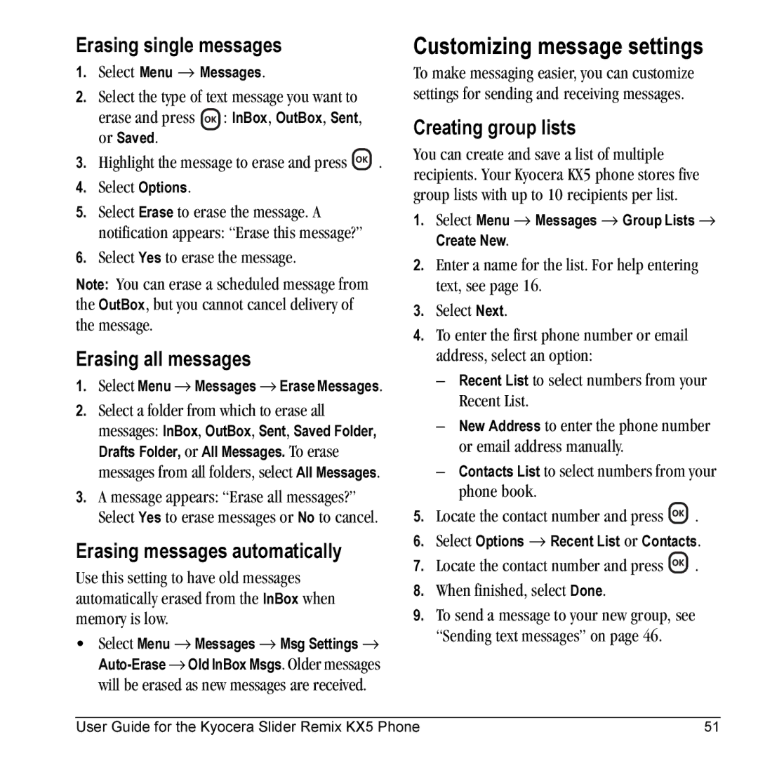 Kyocera KX5 Customizing message settings, Erasing single messages, Erasing all messages, Erasing messages automatically 