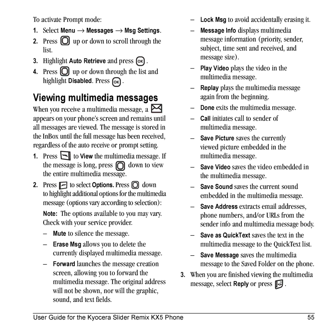 Kyocera KX5 manual Viewing multimedia messages, To activate Prompt mode, Mute to silence the message 