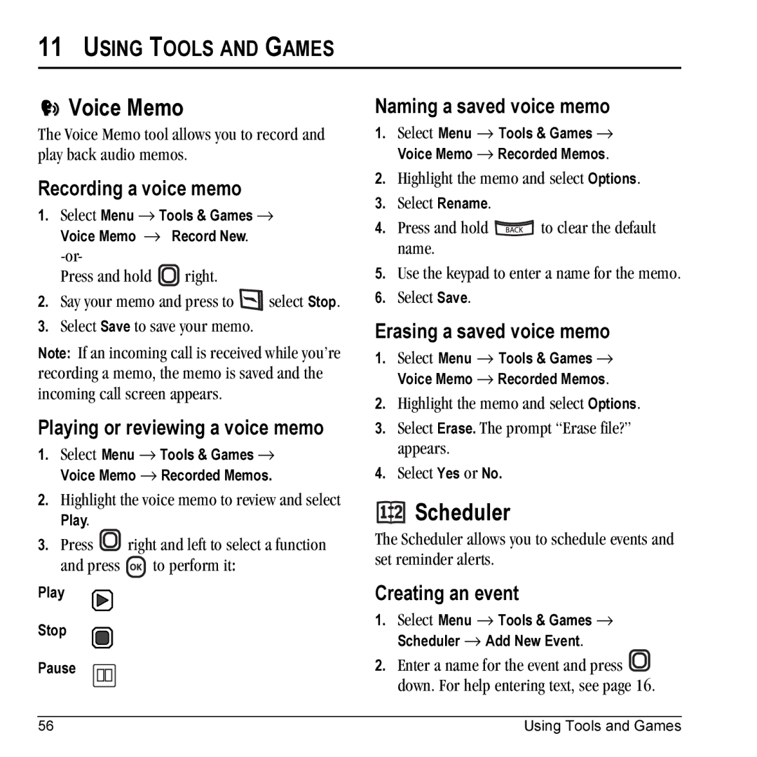 Kyocera KX5 manual Voice Memo, Scheduler, Using Tools and Games 