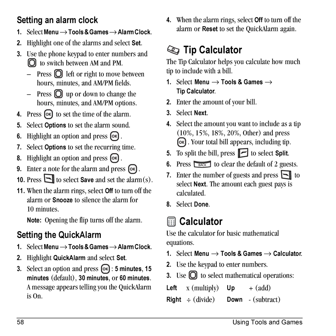 Kyocera KX5 manual Tip Calculator, Setting an alarm clock, Setting the QuickAlarm 