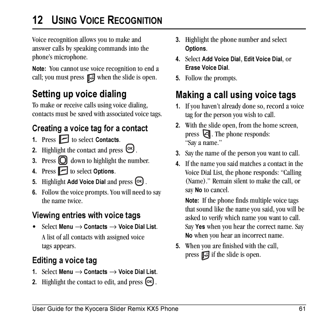 Kyocera KX5 manual Setting up voice dialing, Making a call using voice tags, Using Voice Recognition 