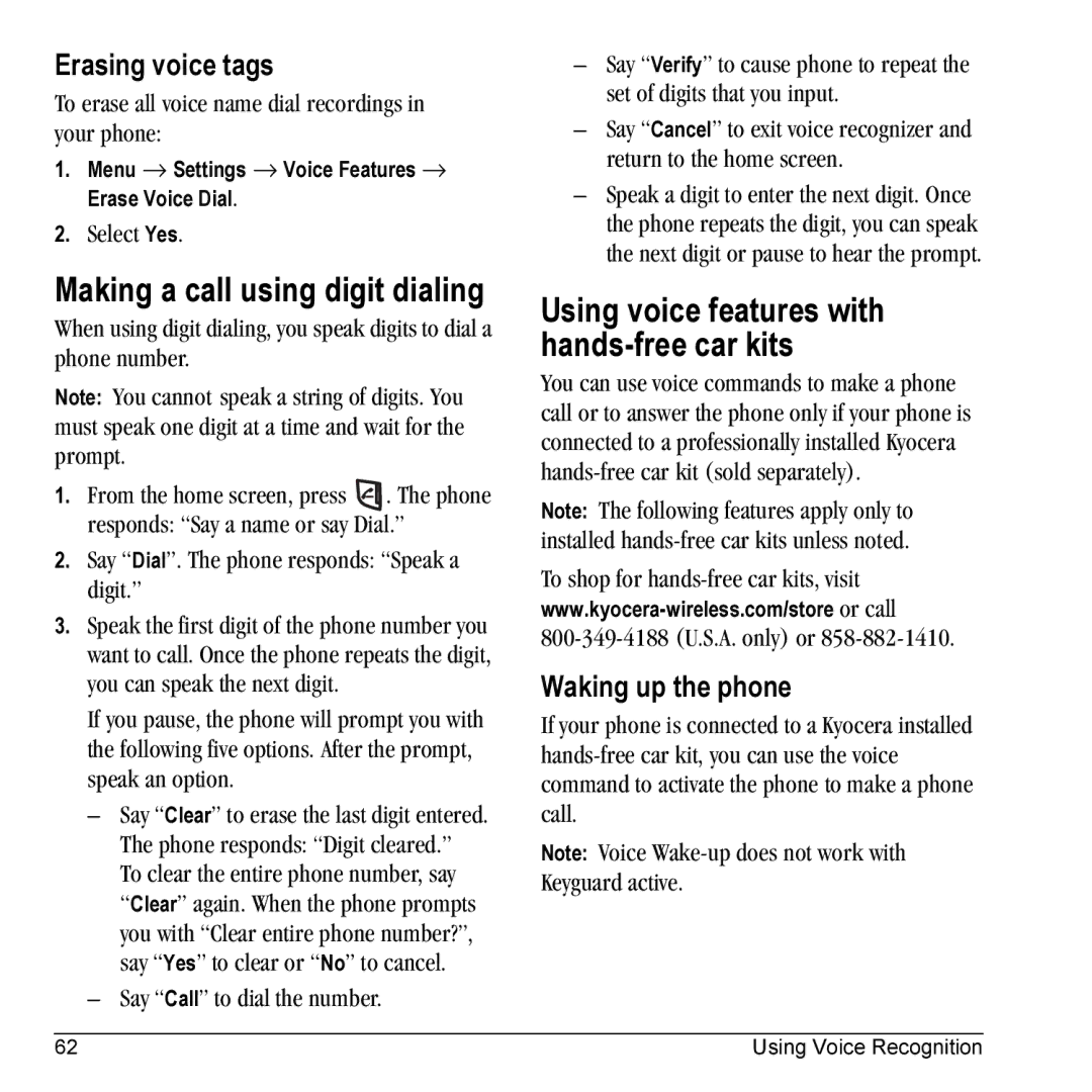 Kyocera KX5 manual Making a call using digit dialing, Using voice features with hands-free car kits, Erasing voice tags 